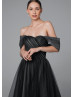 Off Shoulder Black Pleated Tulle Wedding Dress